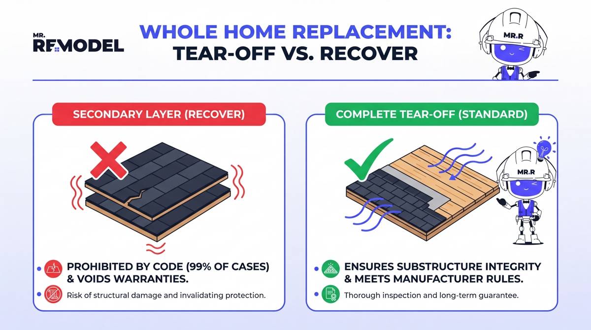 An infographic comparing the prohibited practice of adding a second layer of shingles versus the required full roof tear-off, which ensures structural integrity and validates warranties, based on industry data.